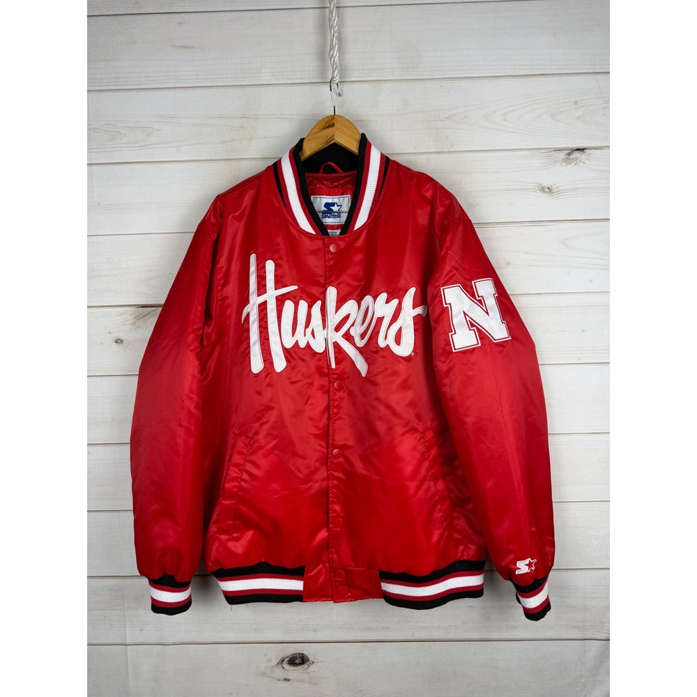 Starter Nebraska Huskers Varsity Bomber Jacket Mens XL Red Satin Snap Front